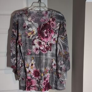 JM Collection Black and Pink Floral Plaid Blouse